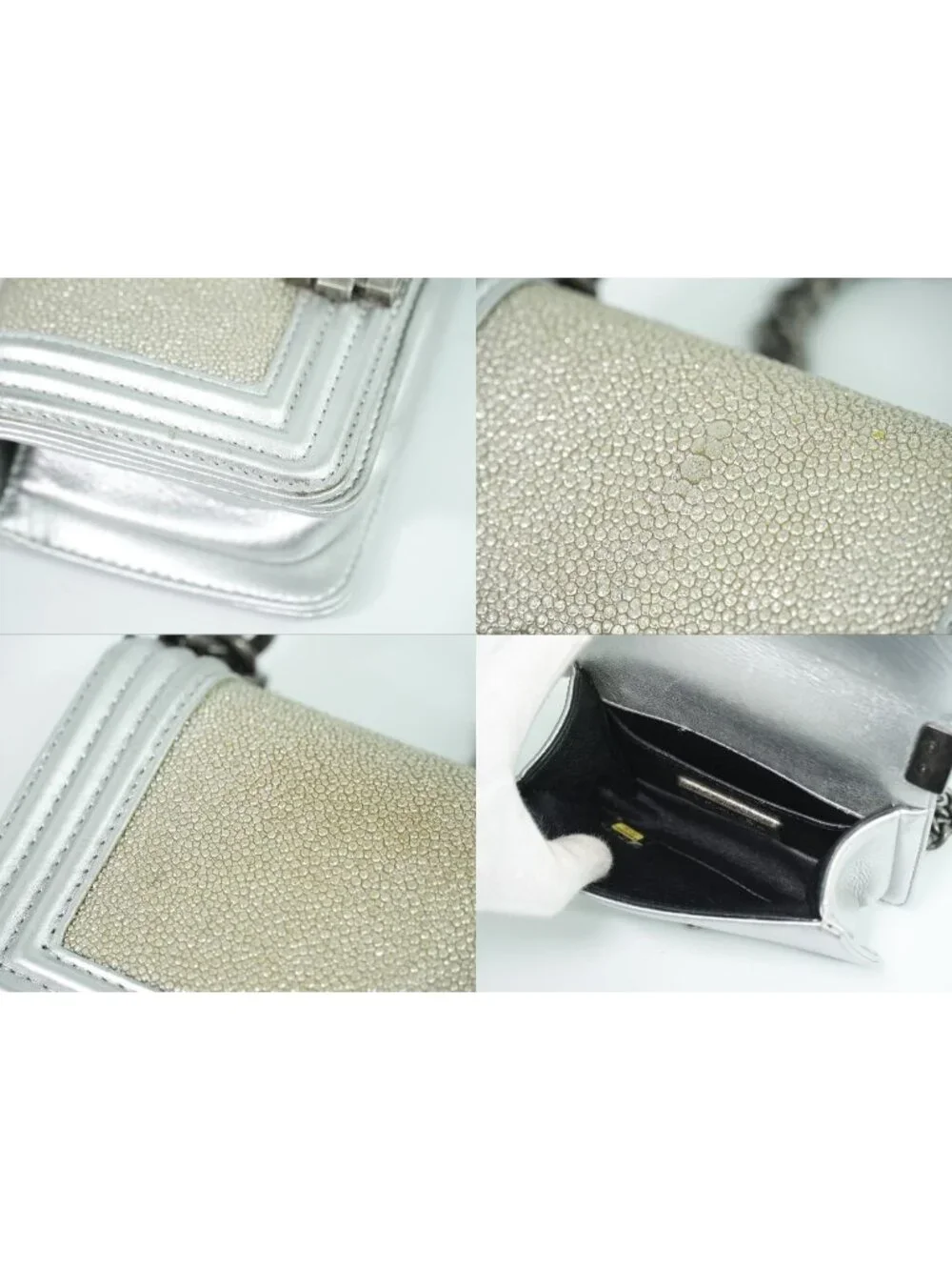 Chanel Boy CC Logo Chain Shoulder Bag Pochette Garu Sha Leather Metallic Silver
